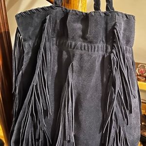Navy blue fringe suede hobo